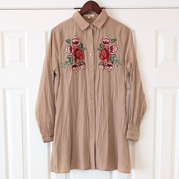I Joah Dresses & Skirts - Size M I Joah Tan Embroidered Floral Rose Collared Shirt Dress Bohemian Western